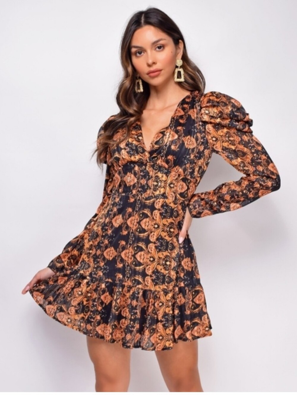 Emprada | Alana Black Gold Baroque Printed Long Sleeve Mini Dress